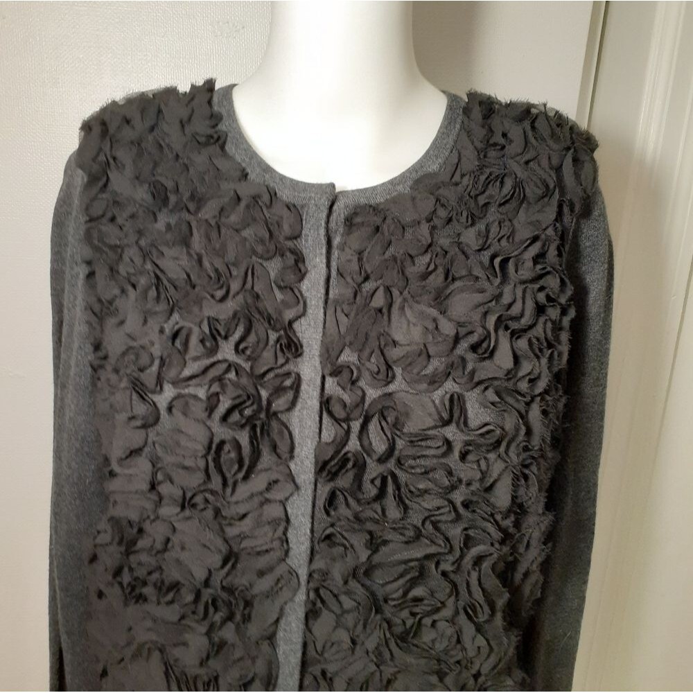 Ann Taylor Loft cardigan sweater womens s gray black ribbon trim Ruffle feminine